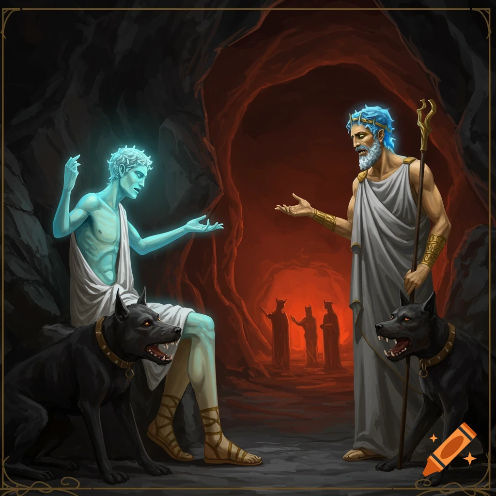 Hades talks to a soul in the underworld with two large black dogs.