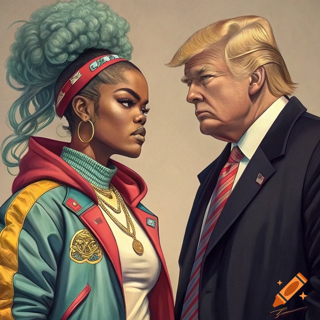 Illustration of a woman with blue hair in urban fashion facing a man resembling Donald Trump in a suit.