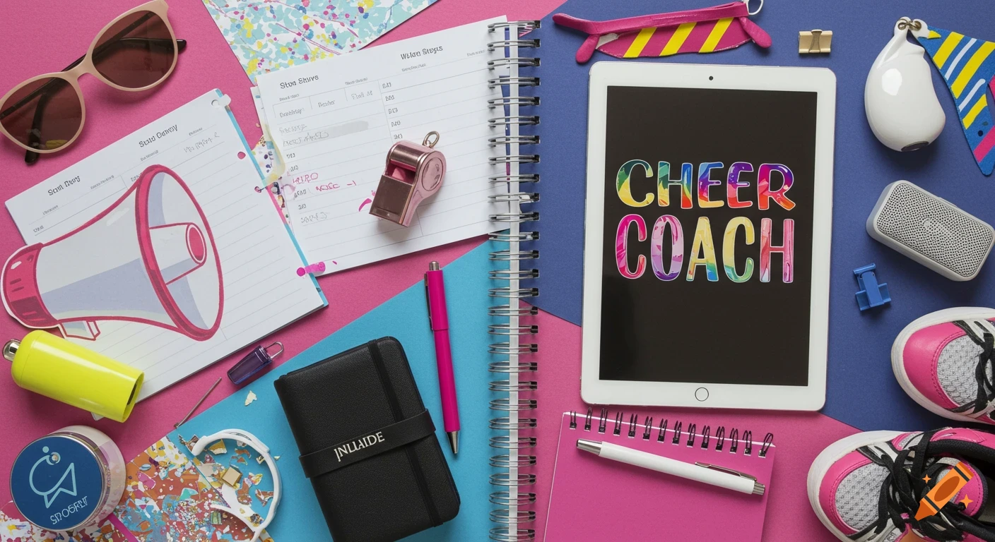 A flat lay of cheer coaching items including a tablet, notebook, whistle, shoes, and megaphone graphic.