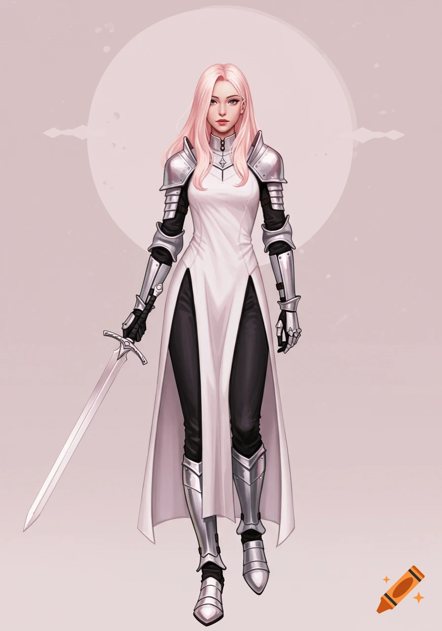 A woman with light pink hair wearing silver armor and a white dress ...