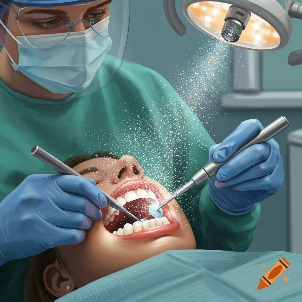 Illustration of a dentist performing a procedure with airborne particles.
