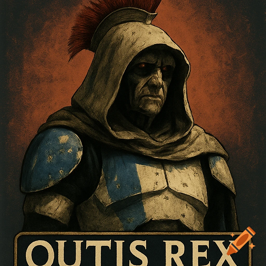 Stylized depiction of a hooded figure in armor with red eyes and a feathered helmet crest, with the text OUTIS REX below.