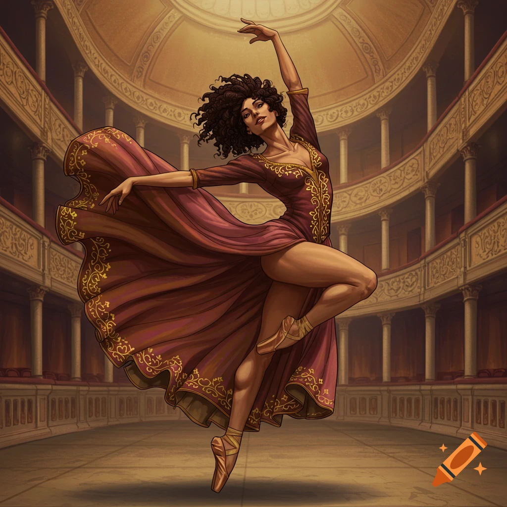 Illustration of a ballerina dancing in a theatre.