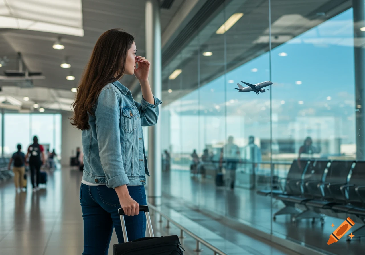 Young woman with suitcase in airport looking at a plane through a window