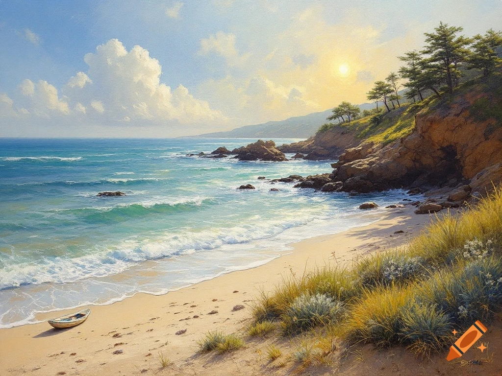 Painting of a sunny beach with waves, rocky shore, trees, and a small ...