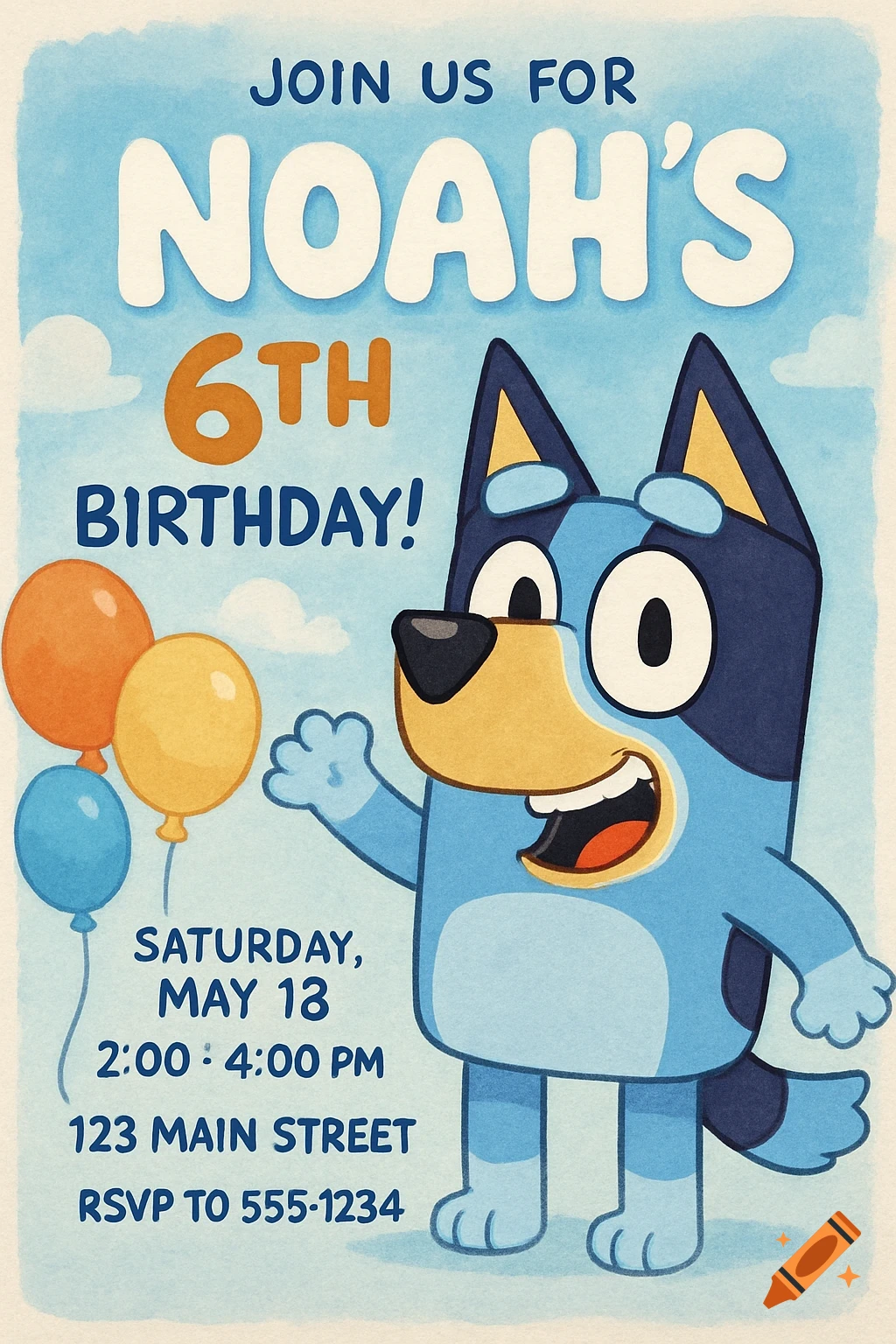 Bluey cartoon character on a birthday invitation with text details and balloons.