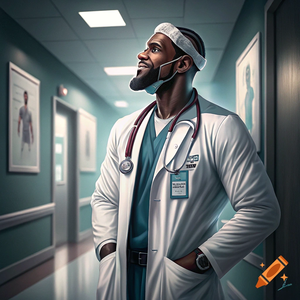 A man wearing a white doctor's coat and a stethoscope stands in a hospital hallway.