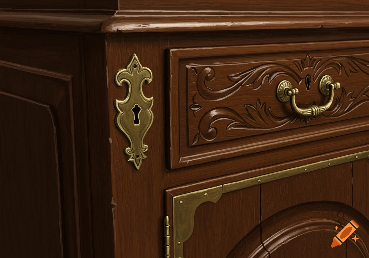 Close-up of a brown wooden cabinet with ornate brass keyhole plate, drawer pull, and corner bracket.