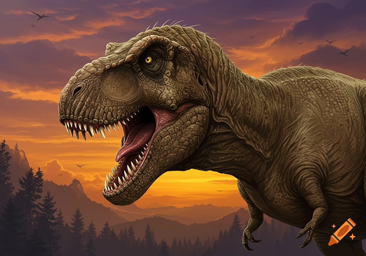 Close-up illustration of a T-Rex roaring at sunset in a prehistoric landscape with mountains and trees.
