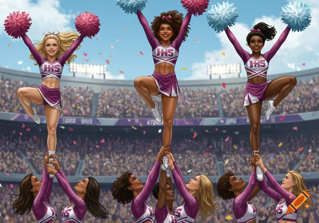 Illustration of three cheerleaders in purple uniforms performing stunts in a stadium with confetti.