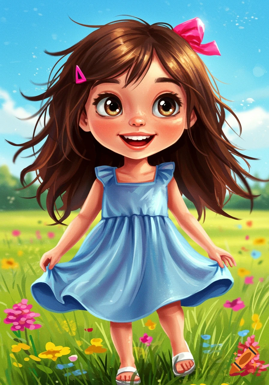 A cheerful cartoon illustration of a young girl in a blue dress holding the hem, standing in a field of colorful flowers.