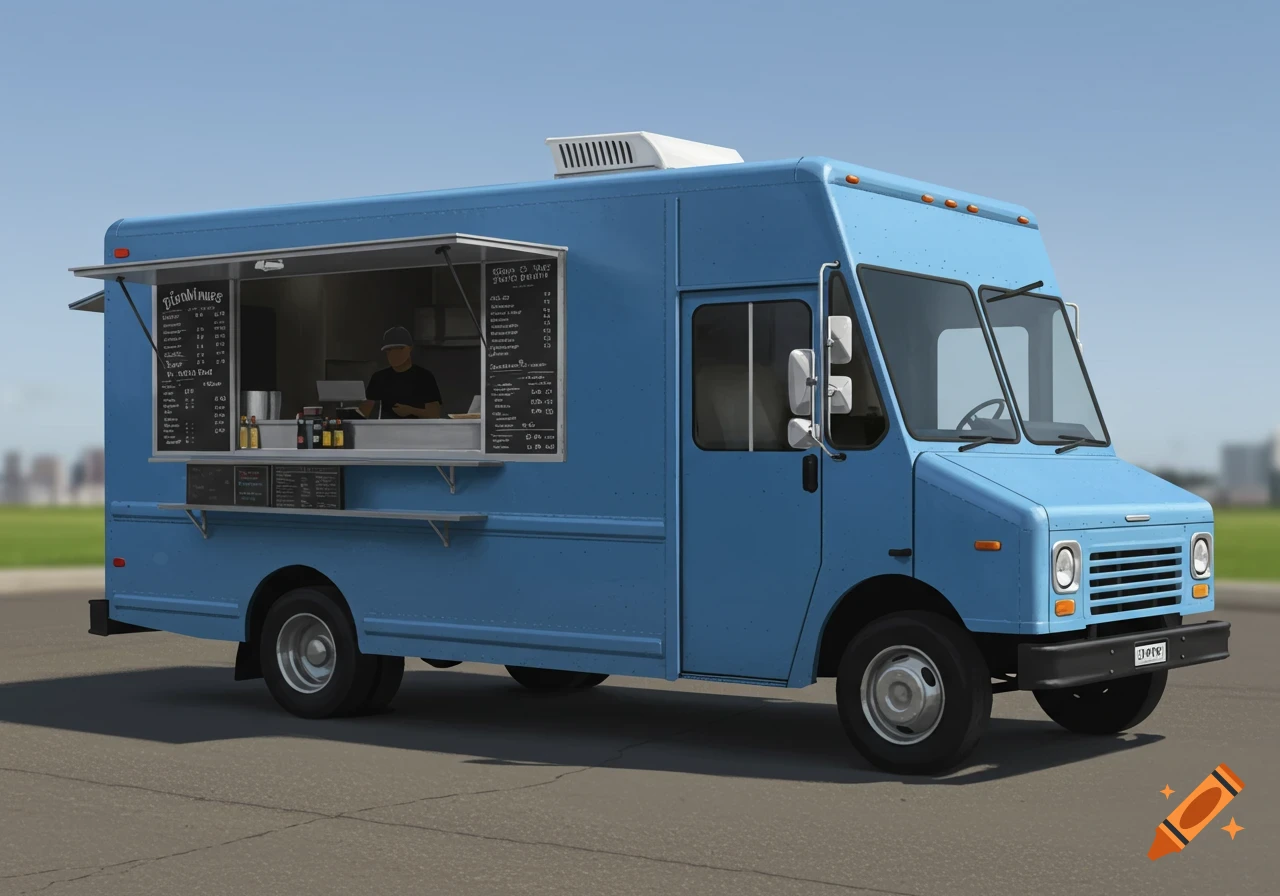 A blue food truck is parked with its serving window open, showing menu boards.