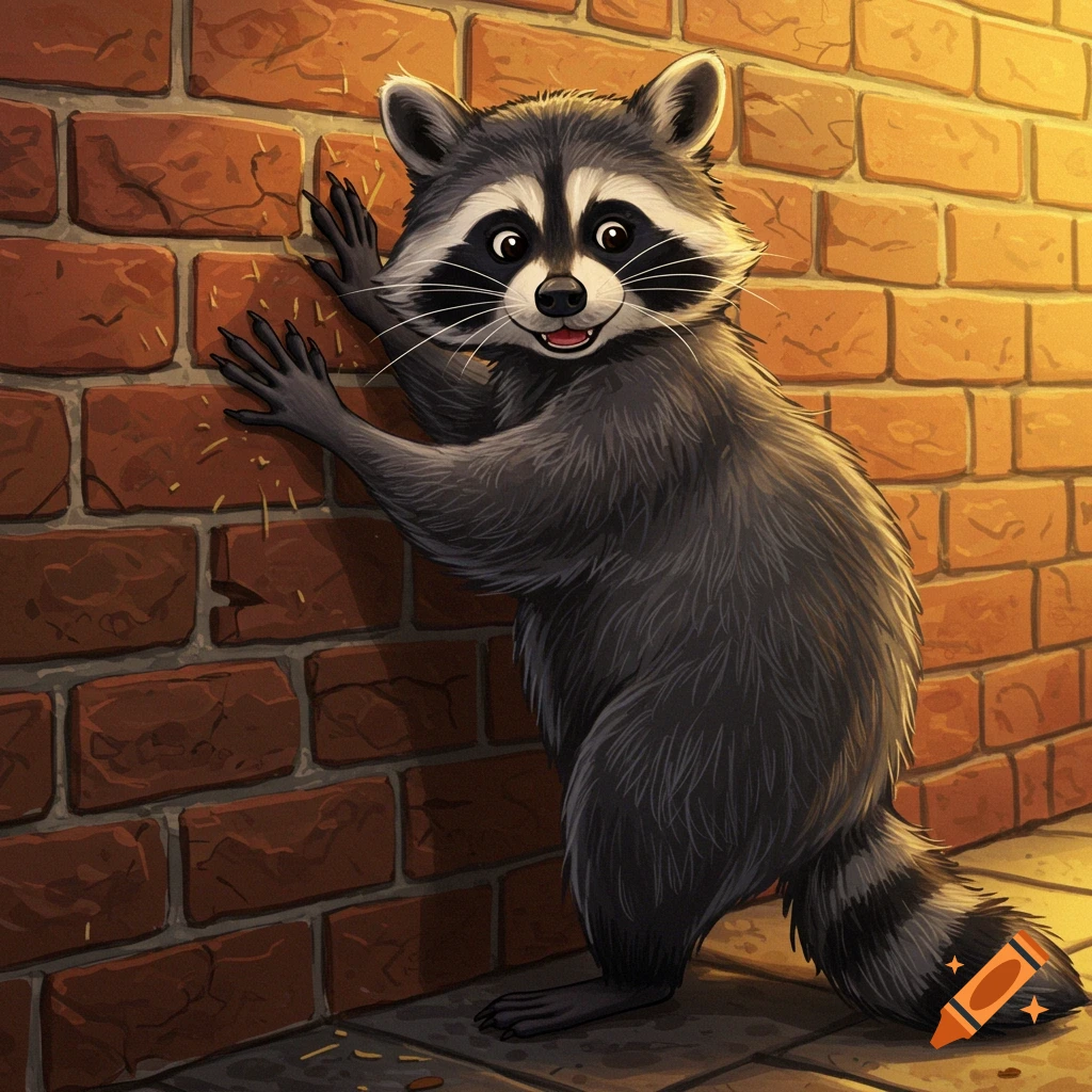 Illustration of a raccoon scratching a brick wall.