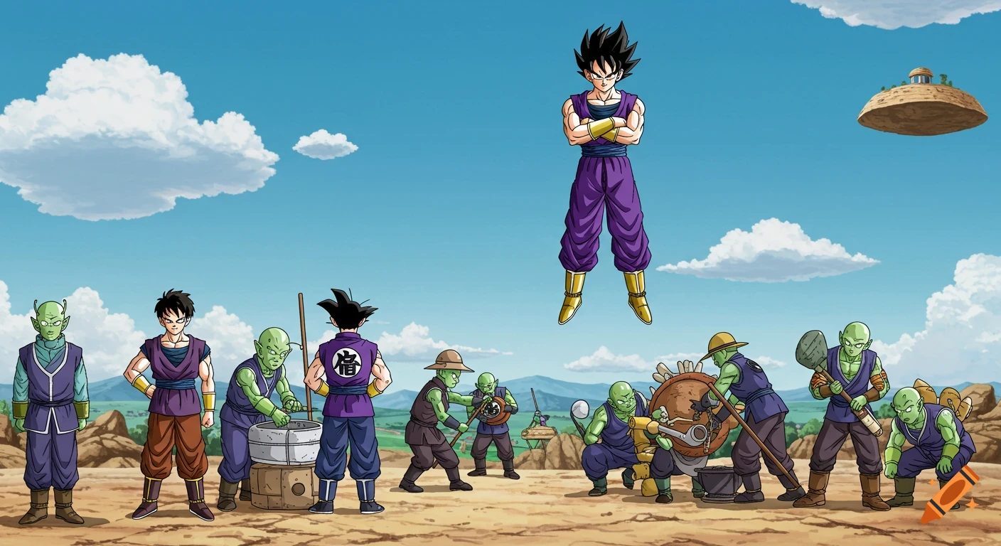 Anime characters resembling Namekians doing work while a Saiyan flies above them.