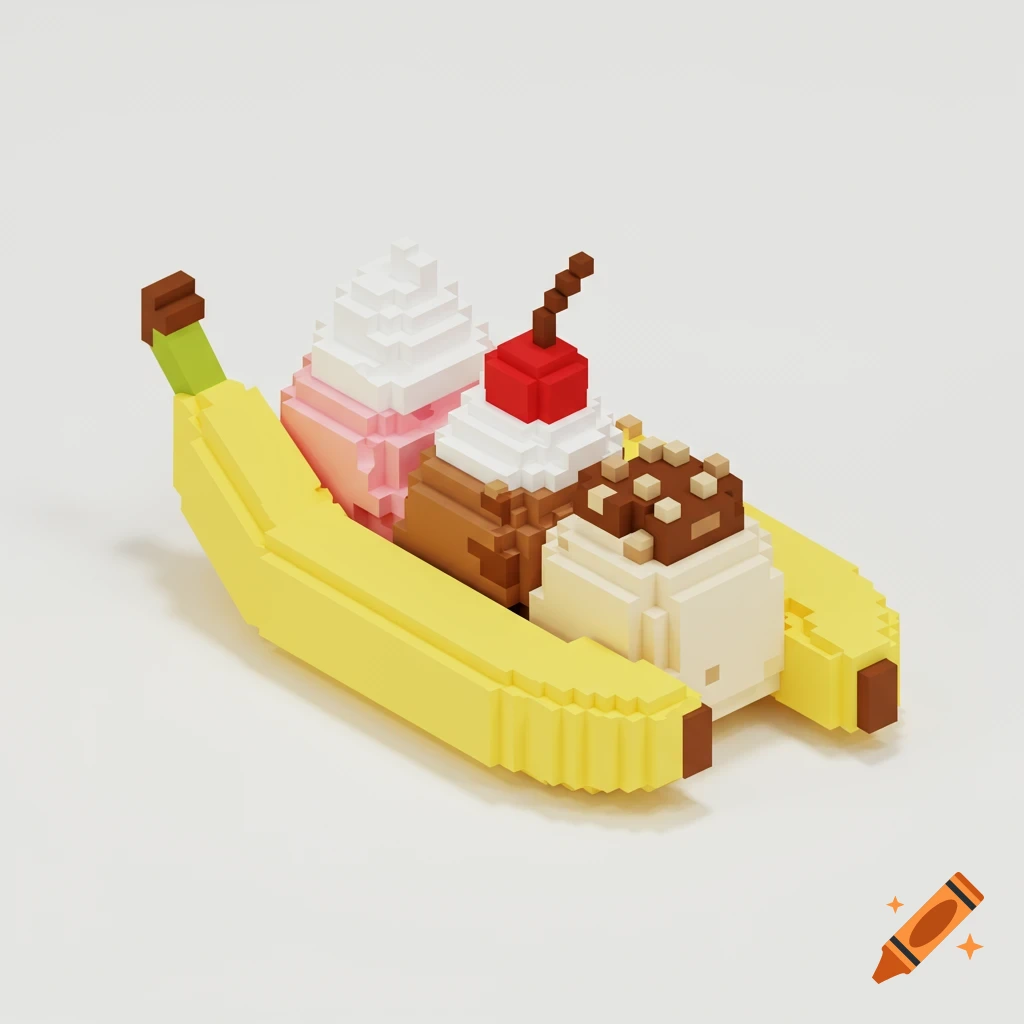 A 3D low-poly voxel-style banana split dessert.