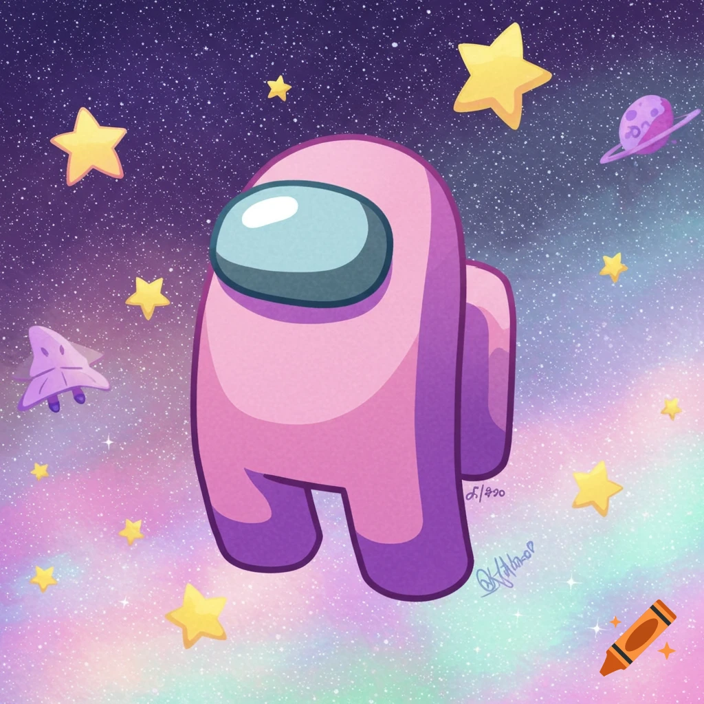 Pink Among Us character floating in space with stars and planets.
