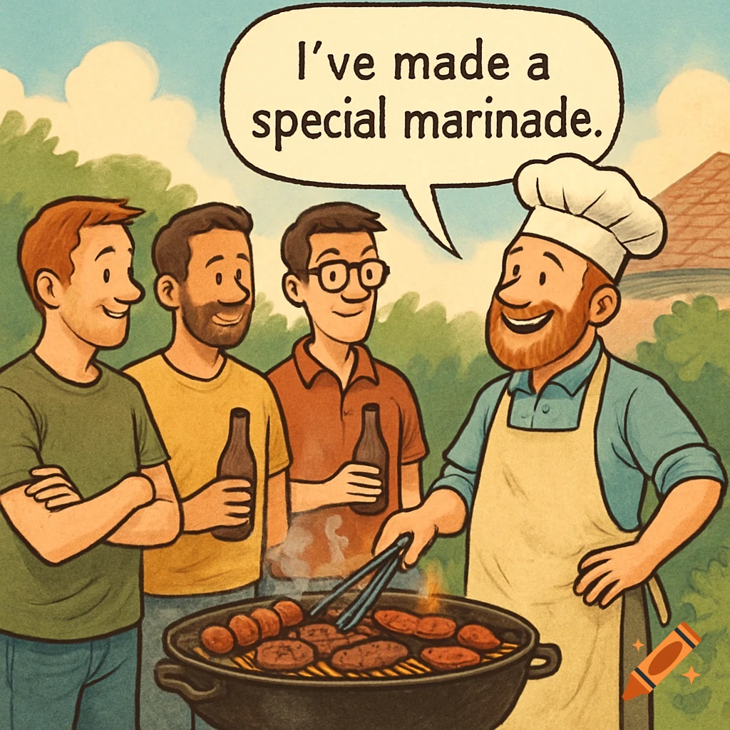 Illustration of men at a barbecue, one wearing a chef's hat and apron is grilling and speaking.