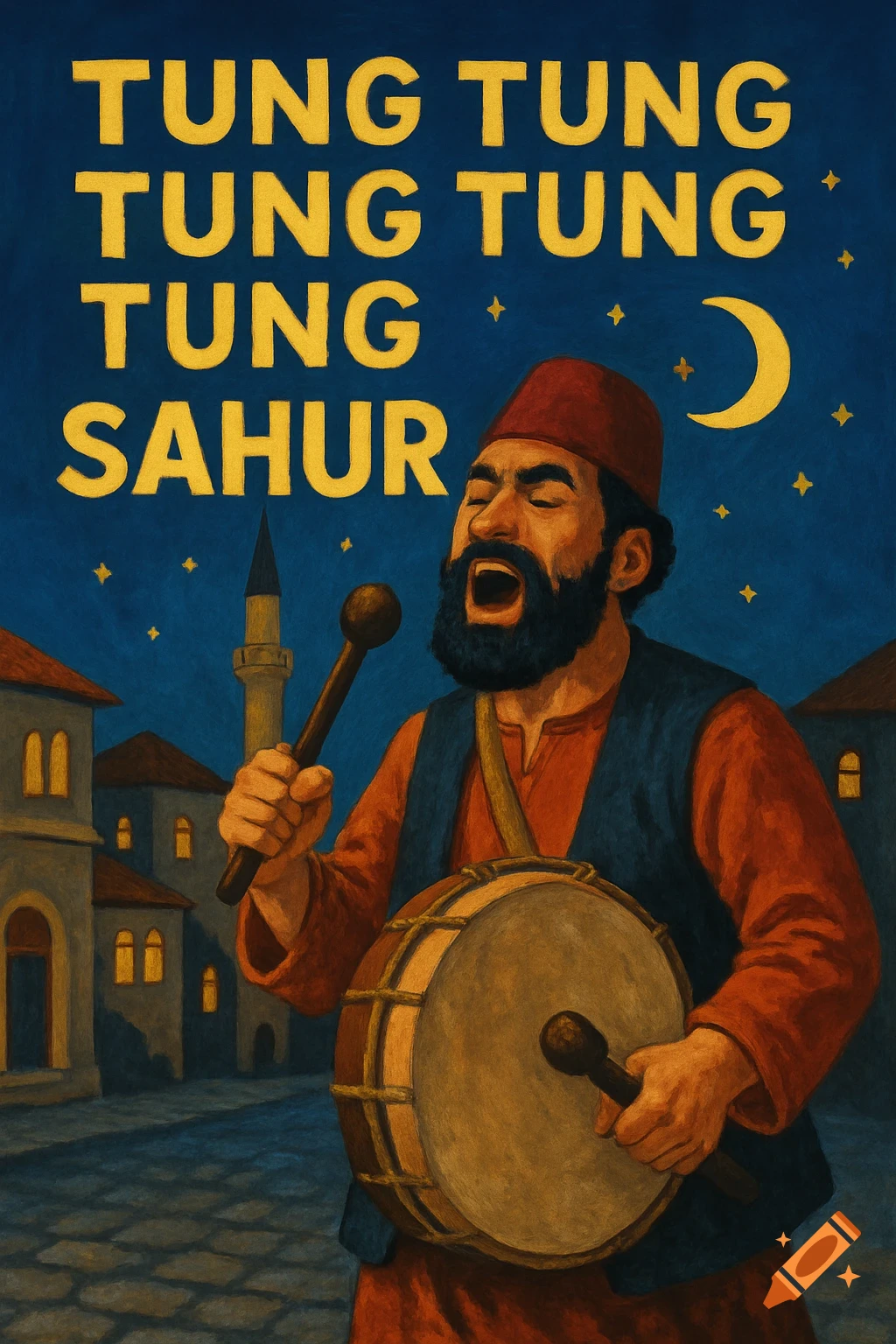 Illustration of a man drumming and singing to wake people for Sahur meal, with moon, stars, and buildings at night. Text says 'TUNG TUNG TUNG TUNG TUNG SAHUR'.