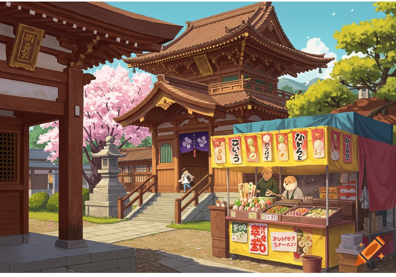 Anime style illustration of a Japanese temple with cherry blossoms and a snack stand.