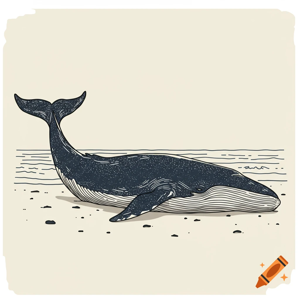 An illustration of a dark blue whale beached on a shore with water in the background.