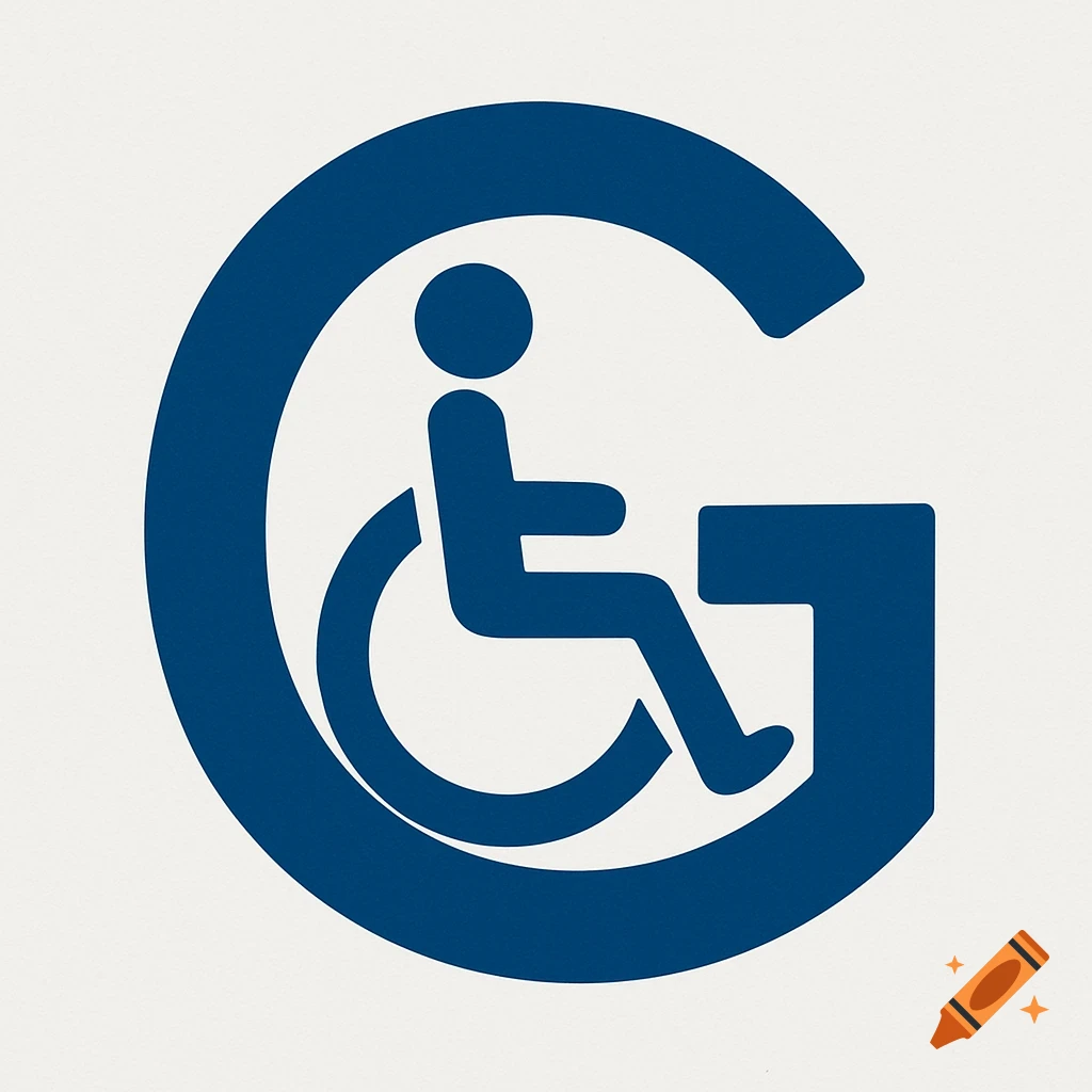 Blue graphic symbol combining disability icon and capital letter G