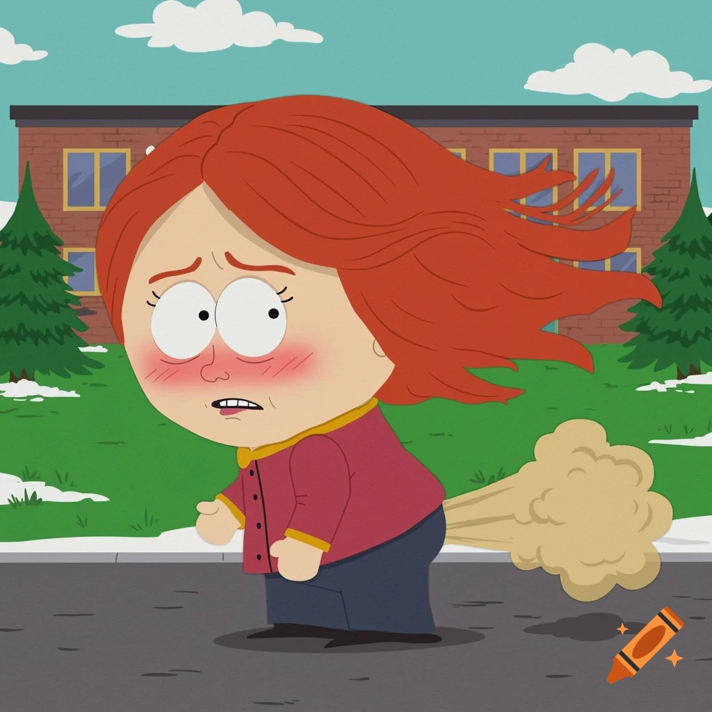 South Park style cartoon of Wendy Testaburger farting and blushing.