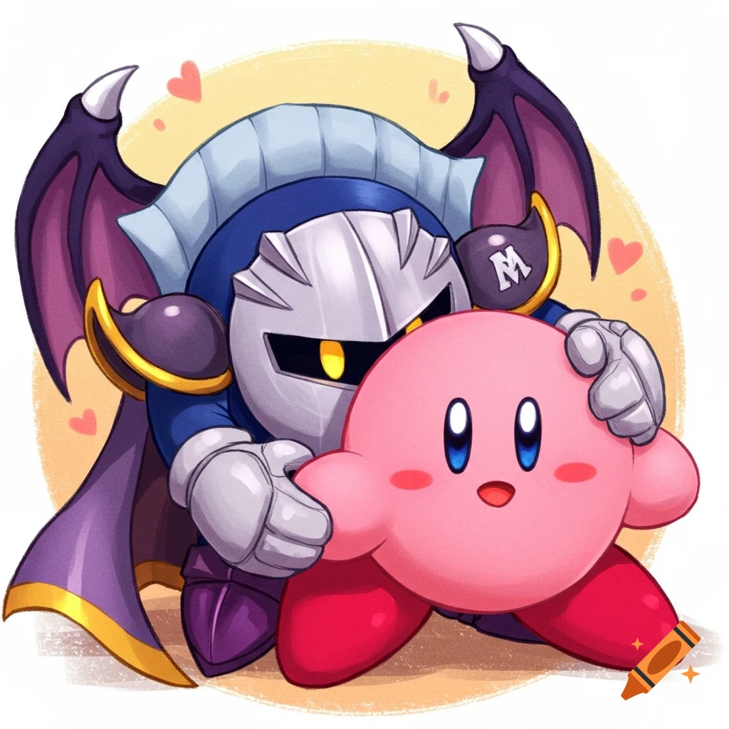 Meta Knight hugs Kirby in a cartoon style with hearts.