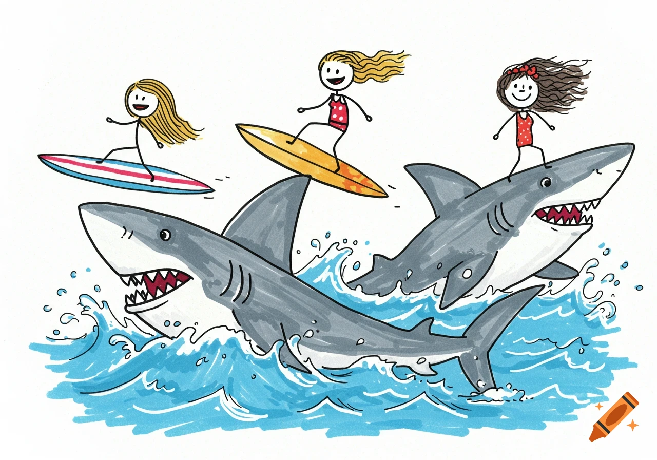 Marker drawing of stick figure women surfing on sharks.
