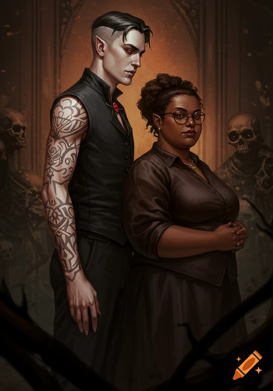 Digital painting of two vampires, a man with tattoos and a woman with glasses, standing in a dimly lit room with skeletons.