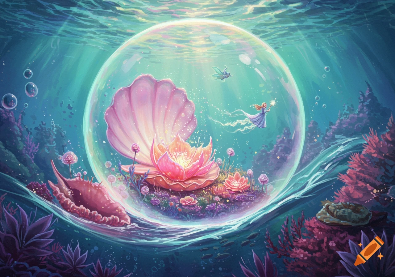 Fantasy underwater scene in a bubble with flowers, seashell, fairy, and person.
