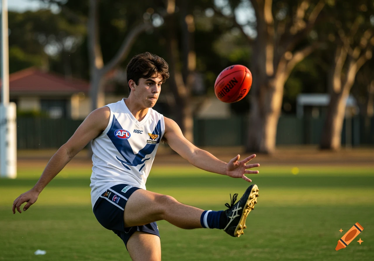 Young male athlete in a white and blue jersey kicks an Australian Rules football on a field.