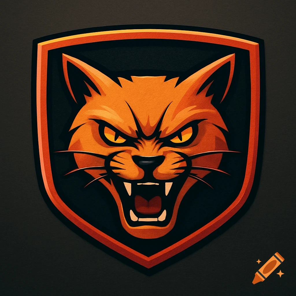 Stylized logo of an angry orange cat head within a black and orange shield.