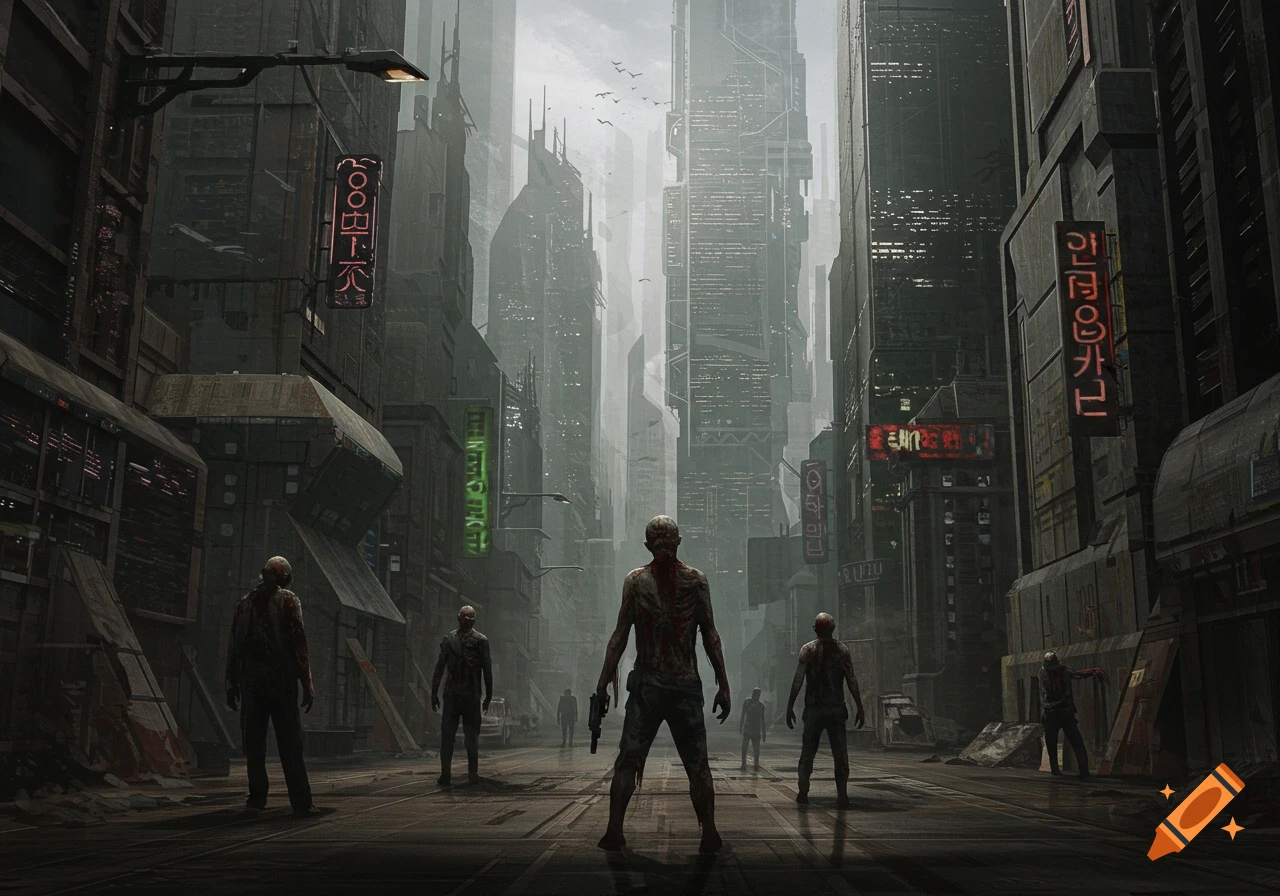 Zombies stand in a dark, rainy, futuristic city street with tall buildings and neon signs.