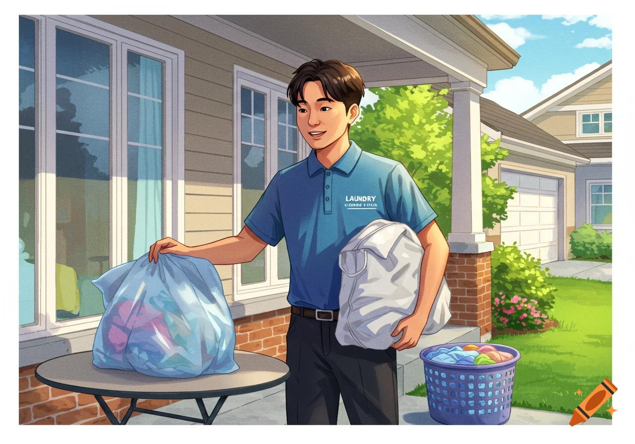 Illustration of a delivery person picking up laundry bags from a house porch.