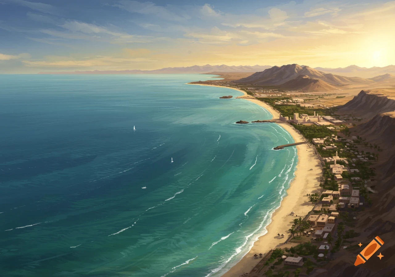 Illustrated aerial view of a sunny coastline with turquoise water, beach, buildings, and mountains.