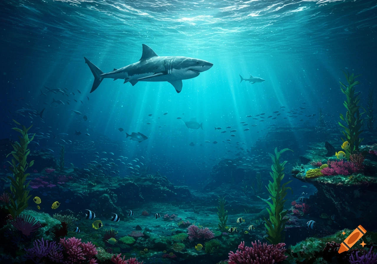 A great white shark swims in a sunlit coral reef with schools of fish.