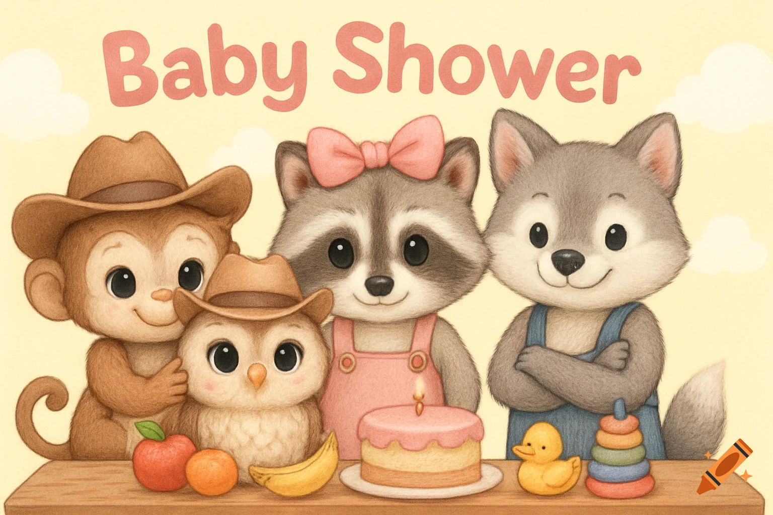 Cute cartoon animals including a monkey, owl, raccoon, and wolf gather around a table for a baby shower. Text reads "Baby Shower".