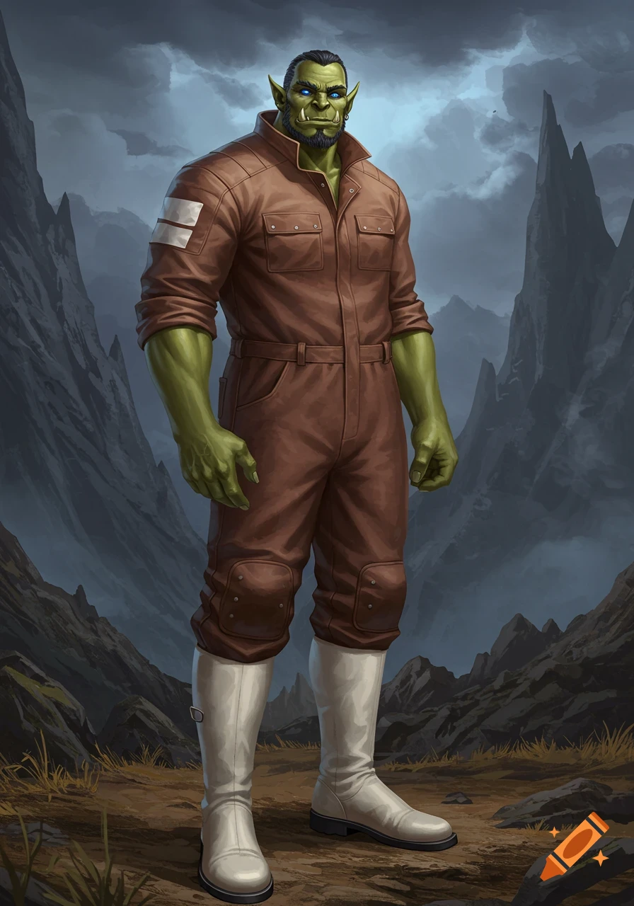 A tall orc in a brown jumpsuit and white boots stands in a rocky landscape.