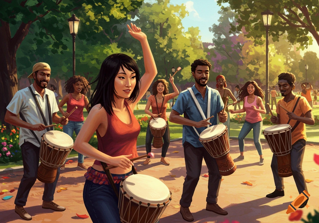 Illustration of diverse people drumming and dancing in a park.