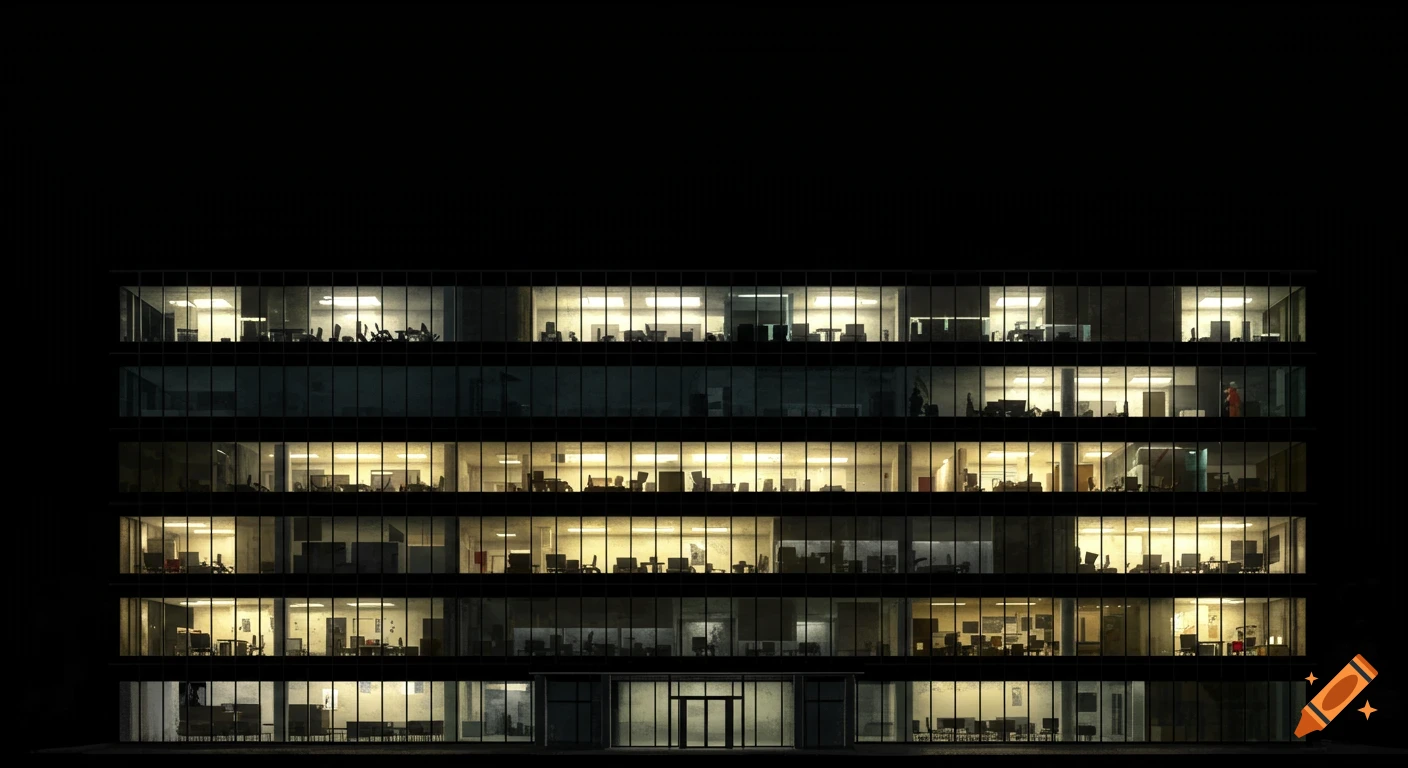 A wide view of a multi-story office building at night, with lights on in many rooms showing desks and chairs.