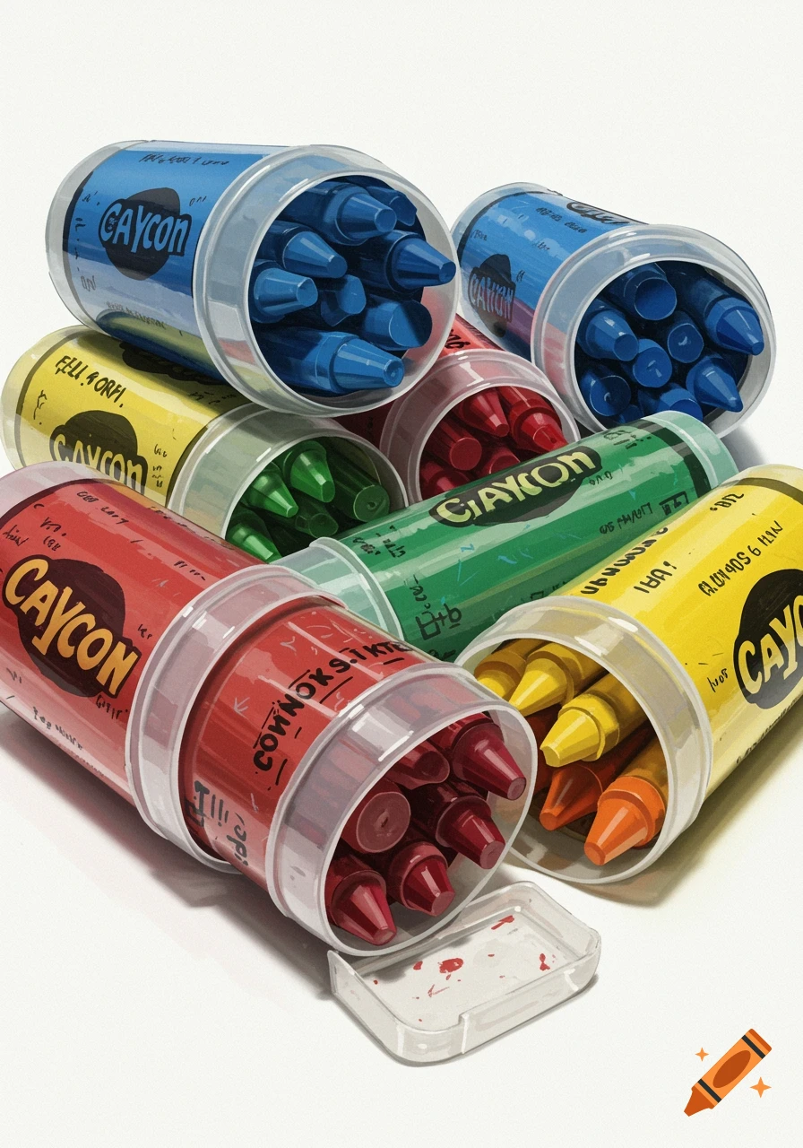 Illustrative rendering of several crayon tubs filled with colorful crayons on a white background.