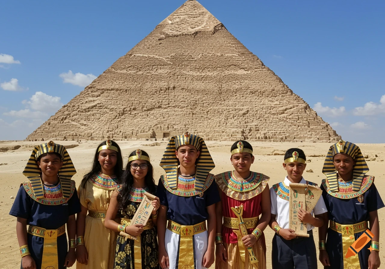 Seven students in Egyptian pharaoh and queen costumes pose in front of a large pyramid in the desert.