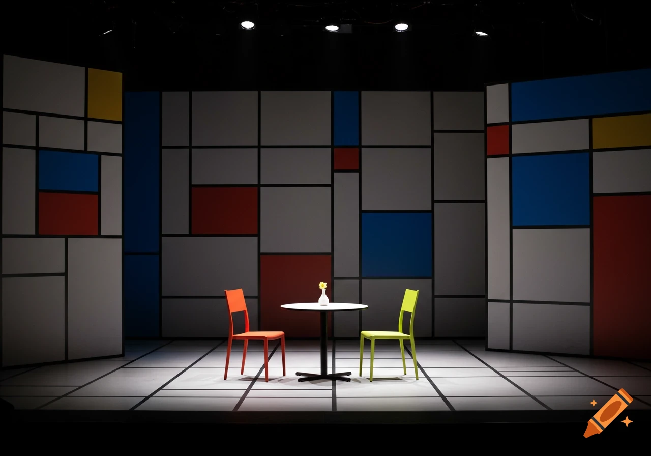 A stage set designed in the style of Mondrian, with a table, two chairs, and geometric blocks of color.