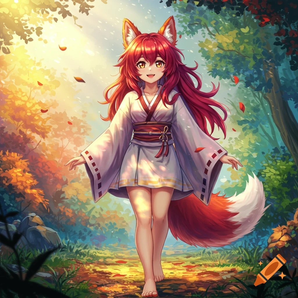 Anime kitsune girl in a kimono dress walking barefoot through a sunny forest path.