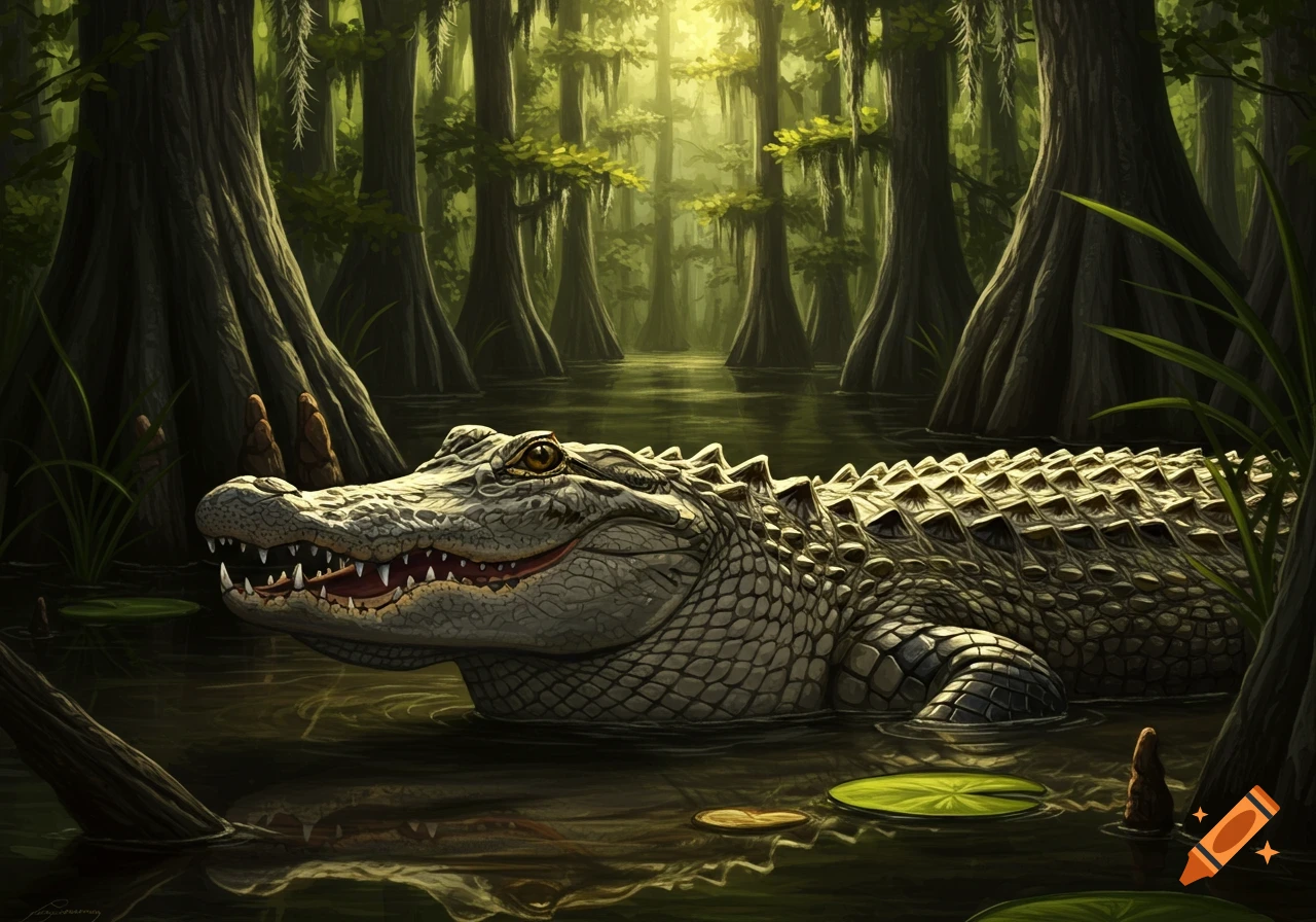 Close-up illustration of an alligator swimming in a sunlit swamp.