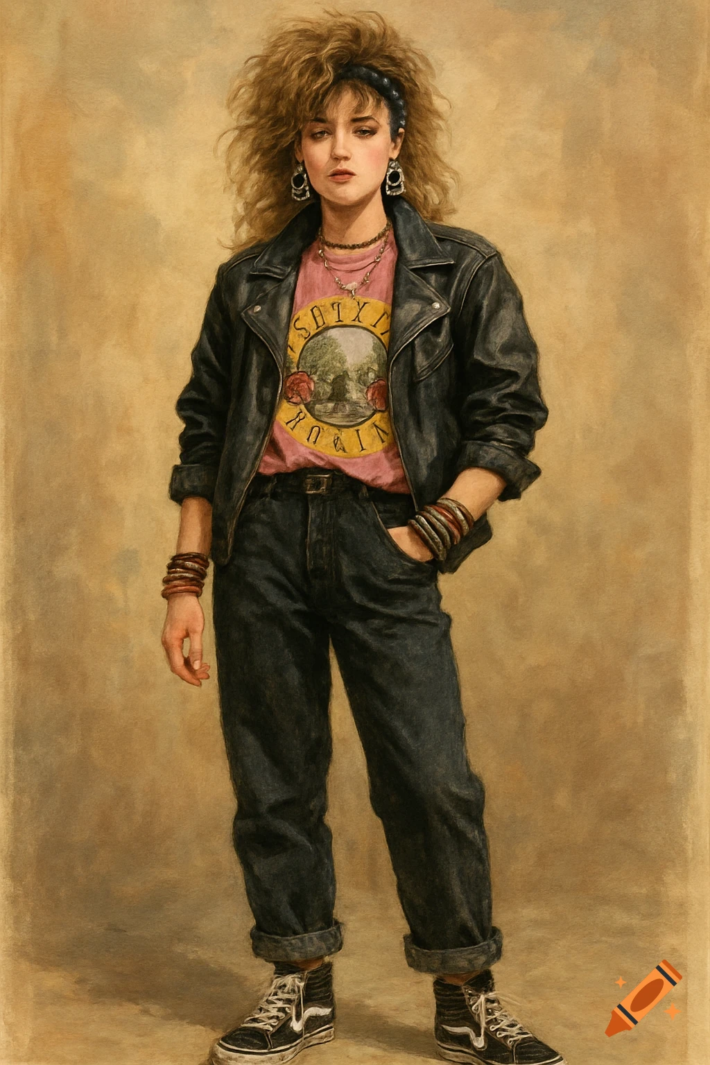 A woman in 80s fashion wears a leather jacket, jeans, Vans, and a band t-shirt.