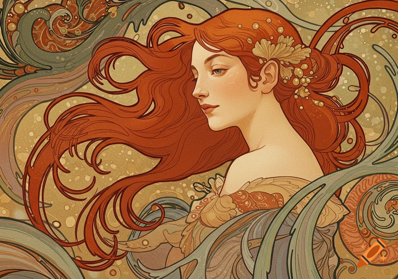 Art Nouveau portrait of a woman with long red hair and decorative elements.