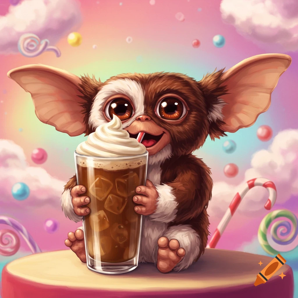A cute creature, like Gizmo from Gremlins, drinks an iced coffee with whipped cream in a pastel, candy-filled fantasy world.