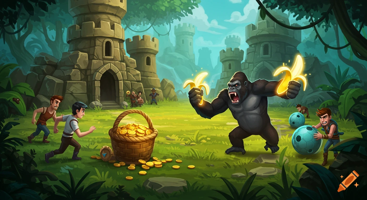 Cartoon scene of a gorilla with glowing bananas chasing humans near a basket of coins and castles in a jungle.