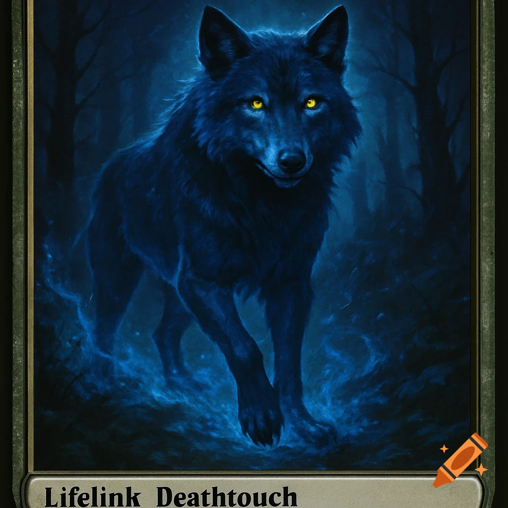 Blue wolf with glowing yellow eyes in a dark forest, styled as a fantasy trading card.